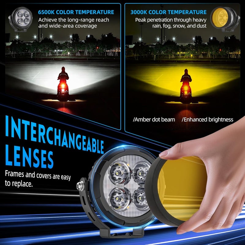 Jumpdy 3.5 Inch LED motorcycle auxiliary headlight Amber/white two-tone LED fog lights with 9 modes Includes wiring harness and bracket Compatible for motorcycles, SUV, Truck, ATV - Image 4